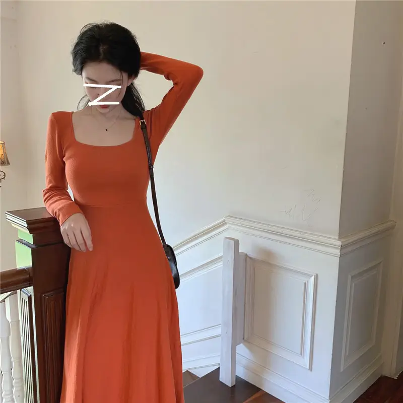 Black Long Sleeve Square Collar Dress for Women — feature 6
