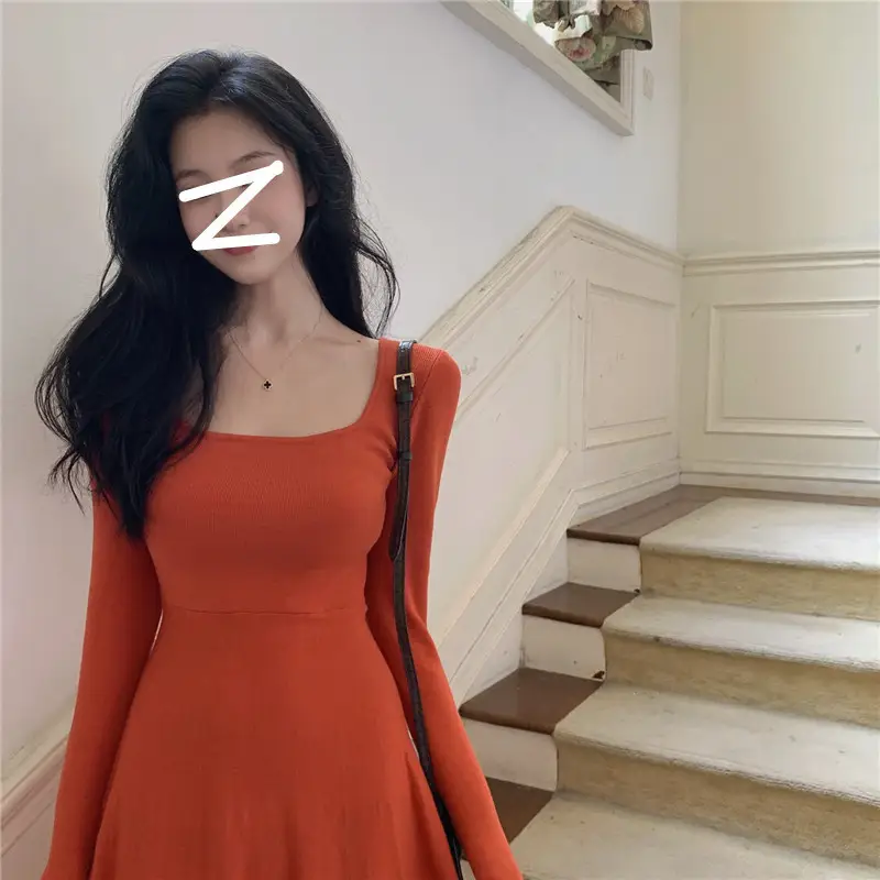 Black Long Sleeve Square Collar Dress for Women — feature 9