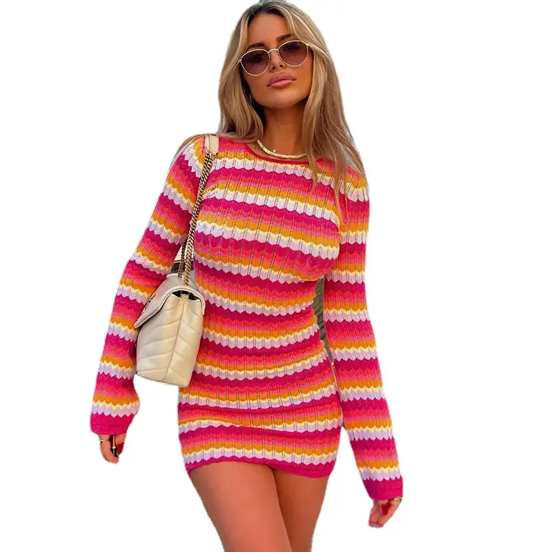 Women's 2023 Striped Long Sleeve Dress Candy Color