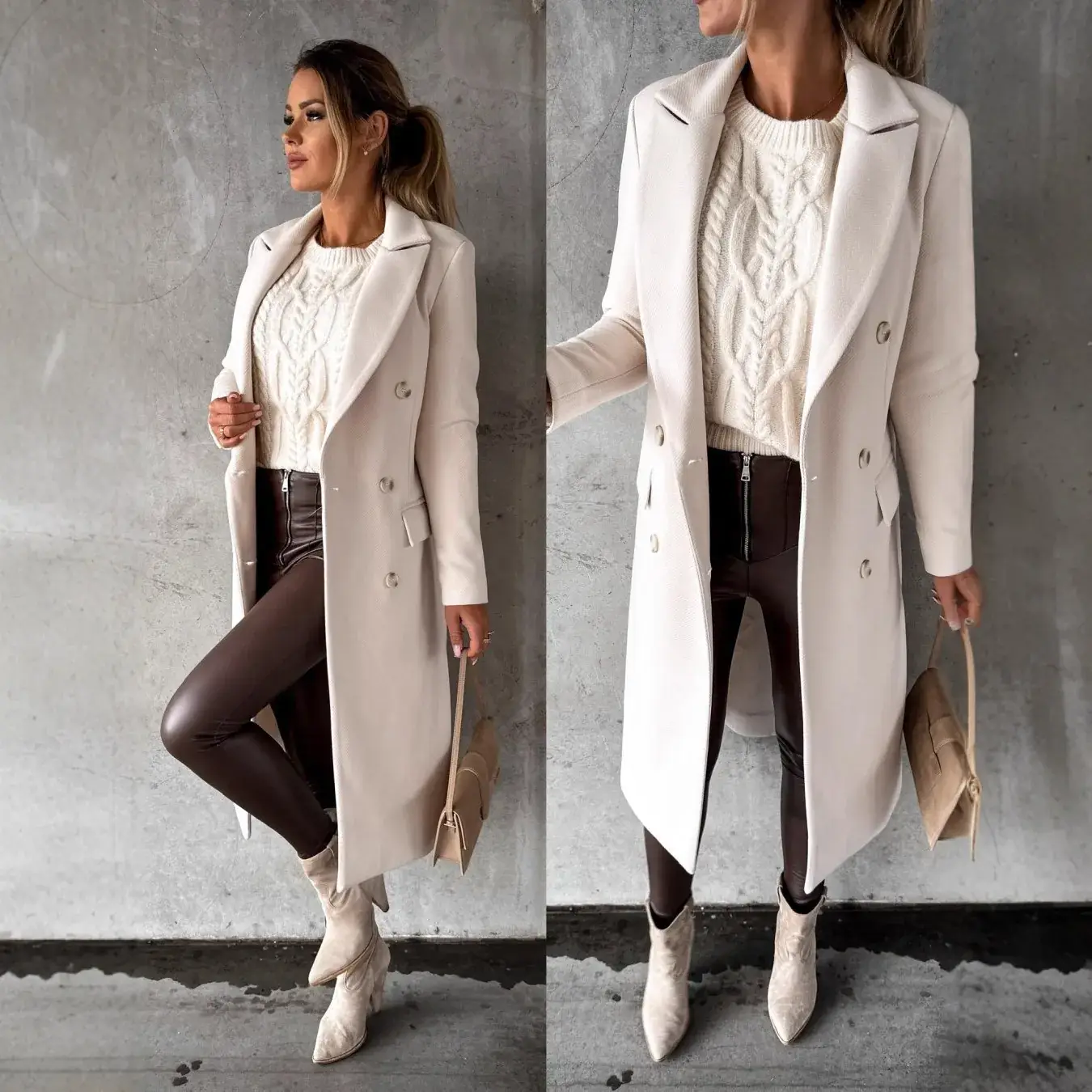 Women Wool Coat Beige Double Breasted 2022 - Image 5