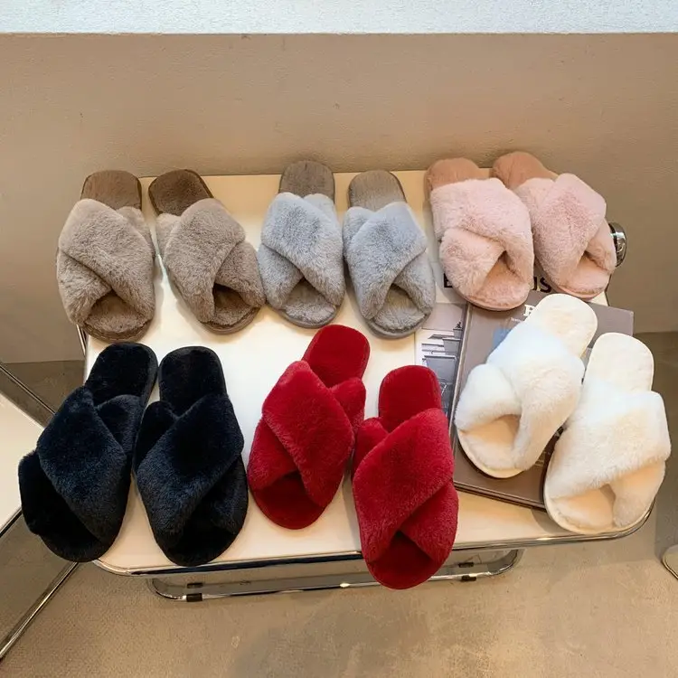 Foreign trade plush cotton slippers for women 2022 autumn and winter New Women's Flat open toe home Cross plush slippers wholesale
