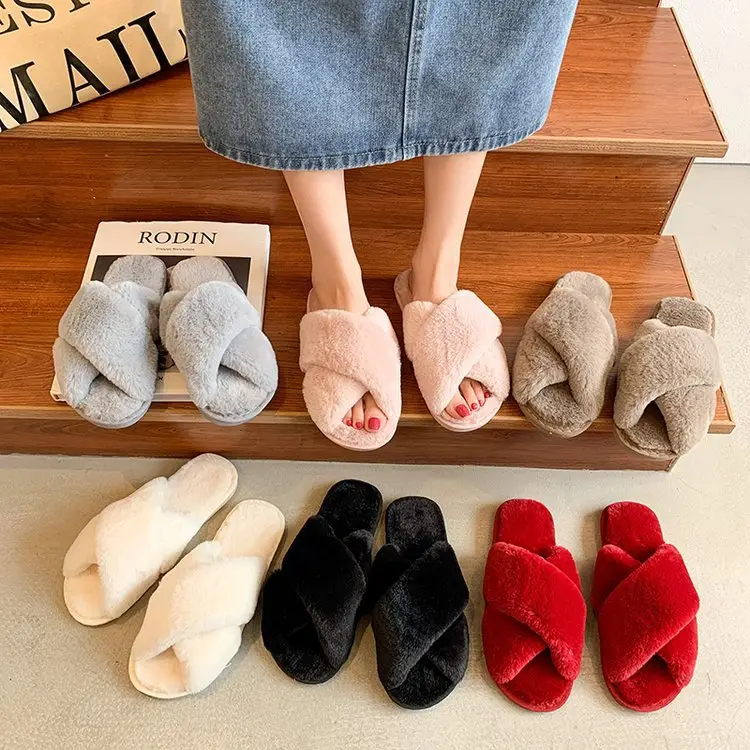 Foreign trade plush cotton slippers for women 2022 autumn and winter New Women's Flat open toe home Cross plush slippers wholesale