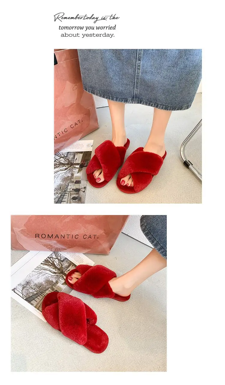 Foreign trade plush cotton slippers for women 2022 autumn and winter New Women's Flat open toe home Cross plush slippers wholesale — feature 10