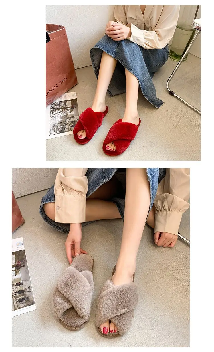 Foreign trade plush cotton slippers for women 2022 autumn and winter New Women's Flat open toe home Cross plush slippers wholesale — feature 11