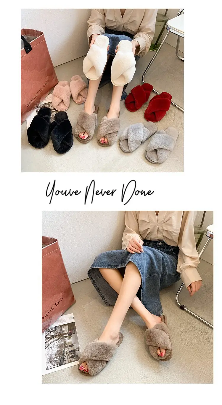 Foreign trade plush cotton slippers for women 2022 autumn and winter New Women's Flat open toe home Cross plush slippers wholesale — feature 12