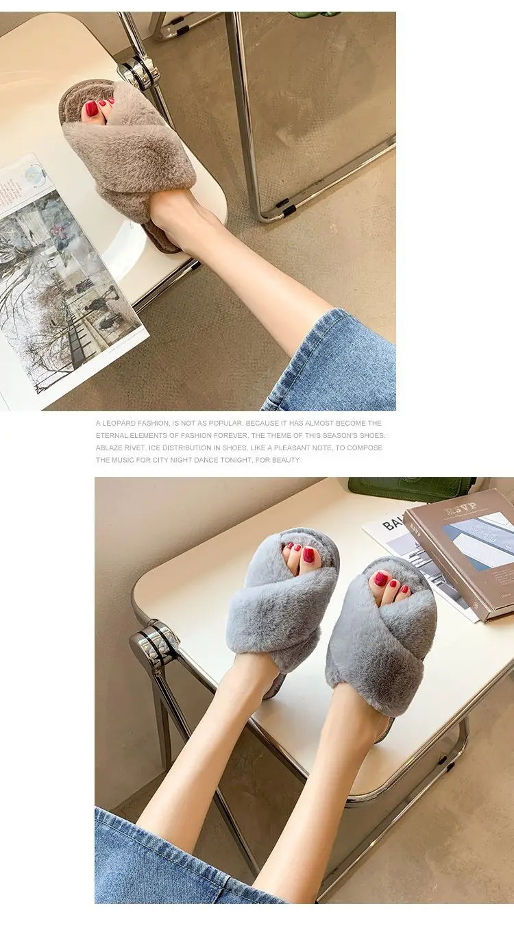 Foreign trade plush cotton slippers for women 2022 autumn and winter New Women's Flat open toe home Cross plush slippers wholesale — feature 13