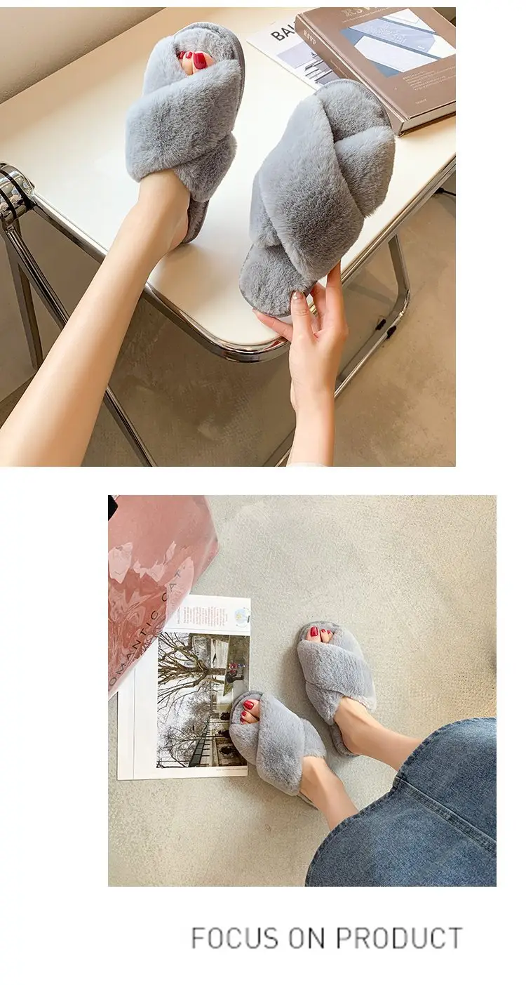 Foreign trade plush cotton slippers for women 2022 autumn and winter New Women's Flat open toe home Cross plush slippers wholesale — feature 14