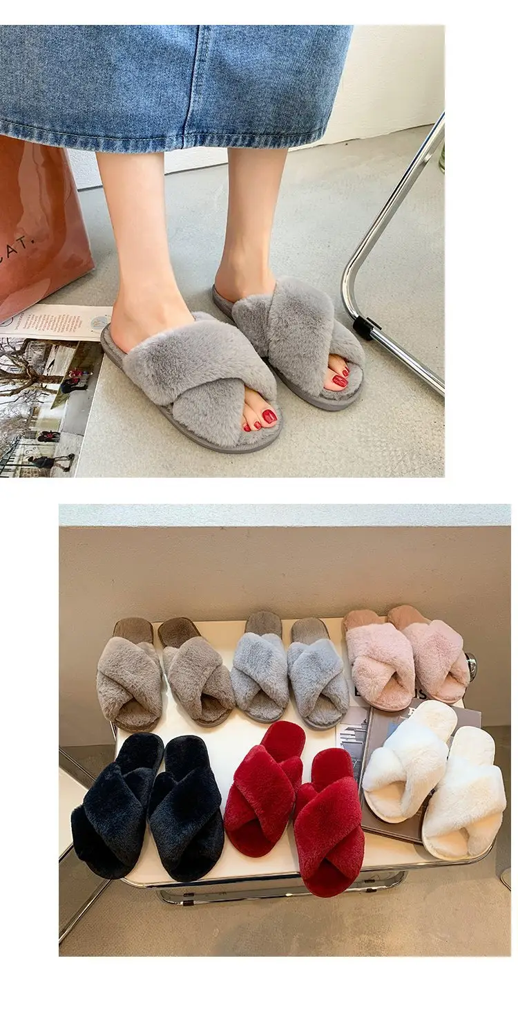 Foreign trade plush cotton slippers for women 2022 autumn and winter New Women's Flat open toe home Cross plush slippers wholesale — feature 15