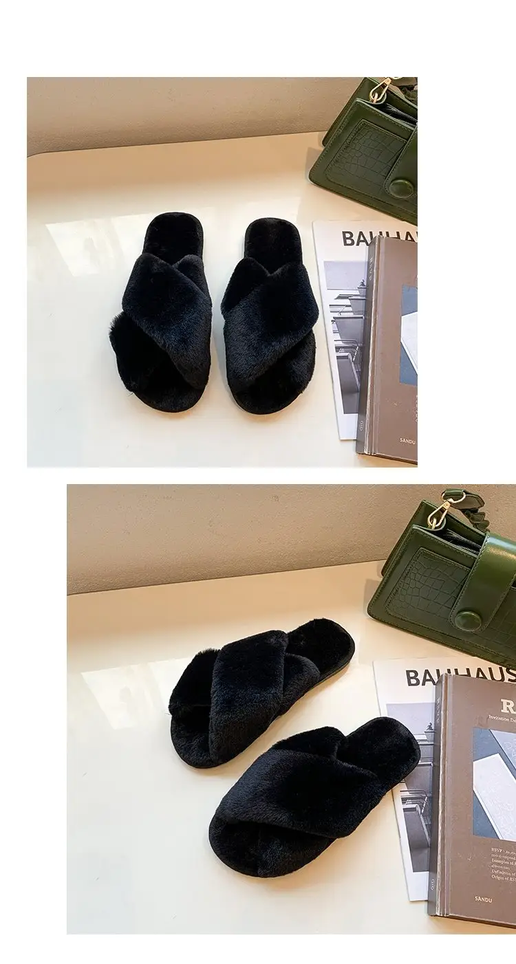 Foreign trade plush cotton slippers for women 2022 autumn and winter New Women's Flat open toe home Cross plush slippers wholesale — feature 16