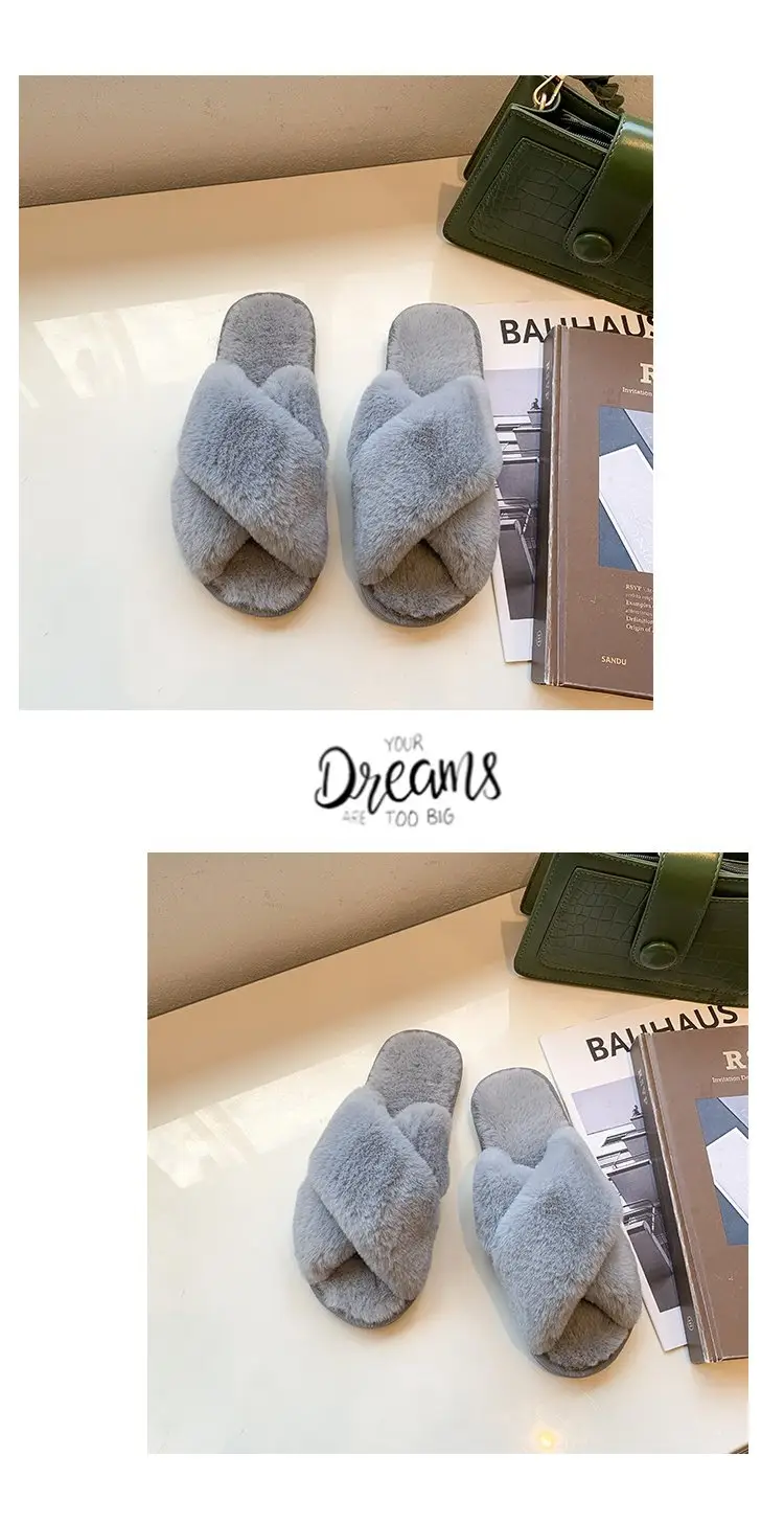 Foreign trade plush cotton slippers for women 2022 autumn and winter New Women's Flat open toe home Cross plush slippers wholesale — feature 17