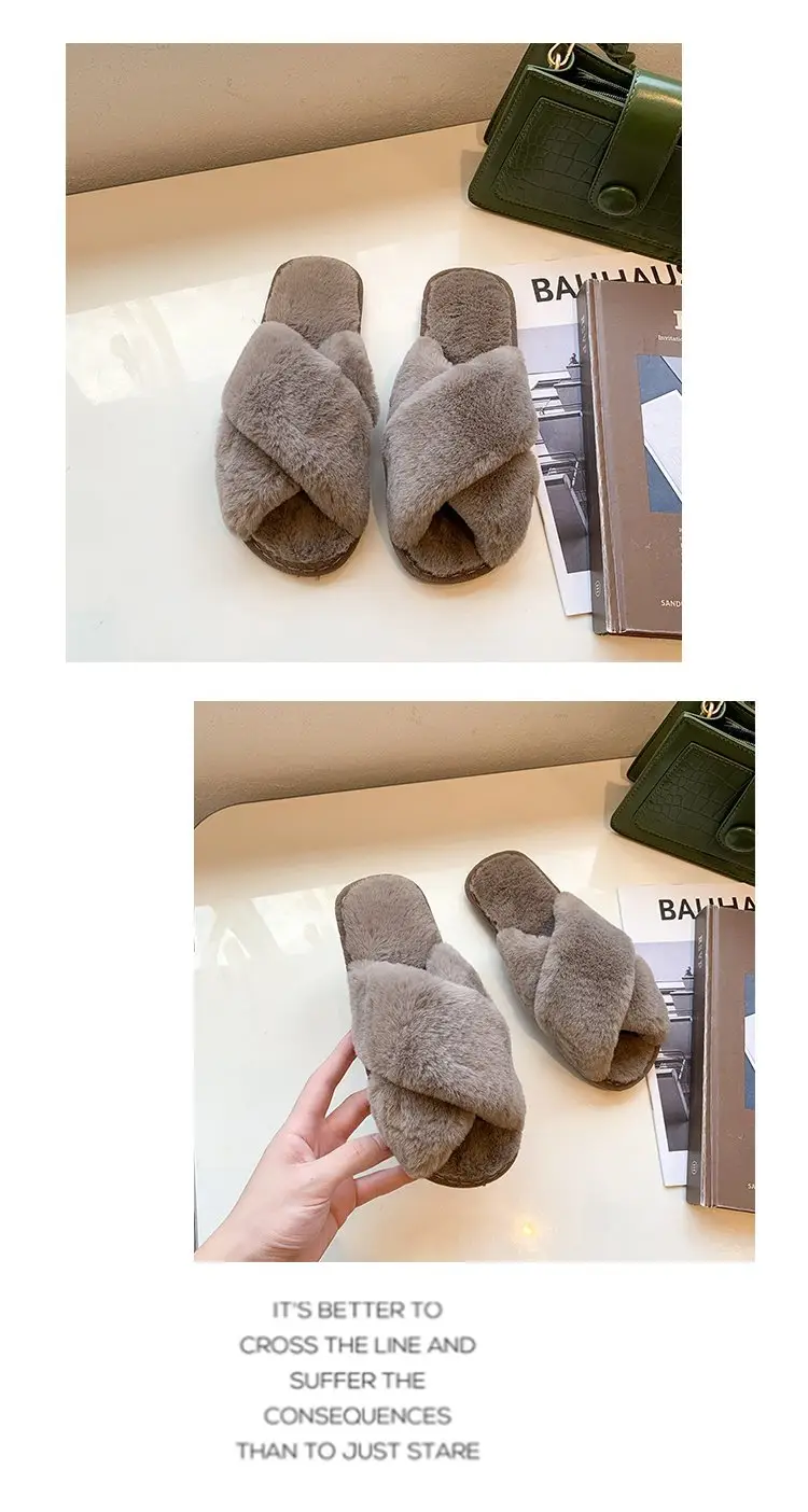 Foreign trade plush cotton slippers for women 2022 autumn and winter New Women's Flat open toe home Cross plush slippers wholesale — feature 18