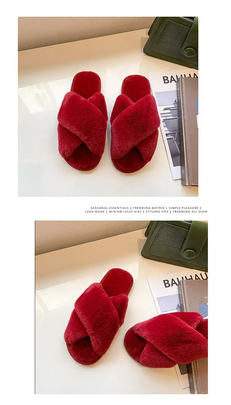 Foreign trade plush cotton slippers for women 2022 autumn and winter New Women's Flat open toe home Cross plush slippers wholesale — feature 19