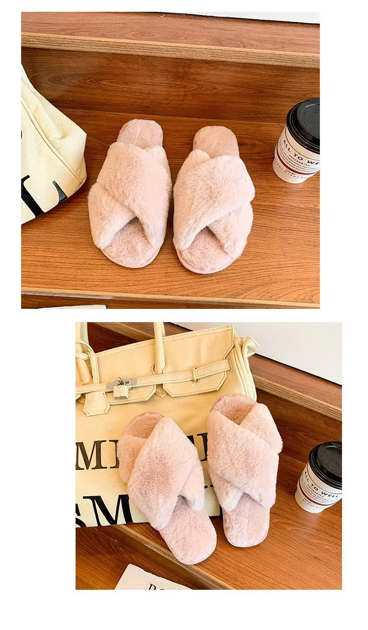 Foreign trade plush cotton slippers for women 2022 autumn and winter New Women's Flat open toe home Cross plush slippers wholesale — feature 20