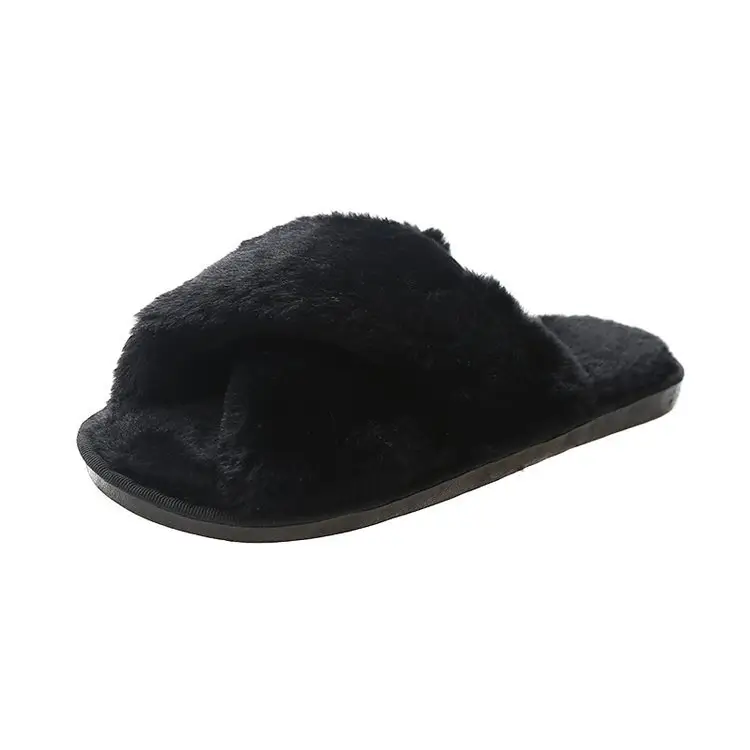Foreign trade plush cotton slippers for women 2022 autumn and winter New Women's Flat open toe home Cross plush slippers wholesale — feature 26