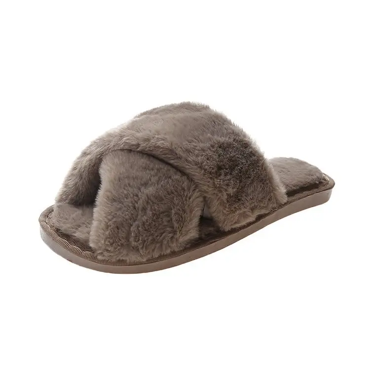 Foreign trade plush cotton slippers for women 2022 autumn and winter New Women's Flat open toe home Cross plush slippers wholesale — feature 28