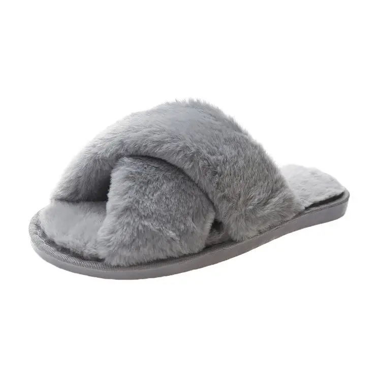 Foreign trade plush cotton slippers for women 2022 autumn and winter New Women's Flat open toe home Cross plush slippers wholesale — feature 29