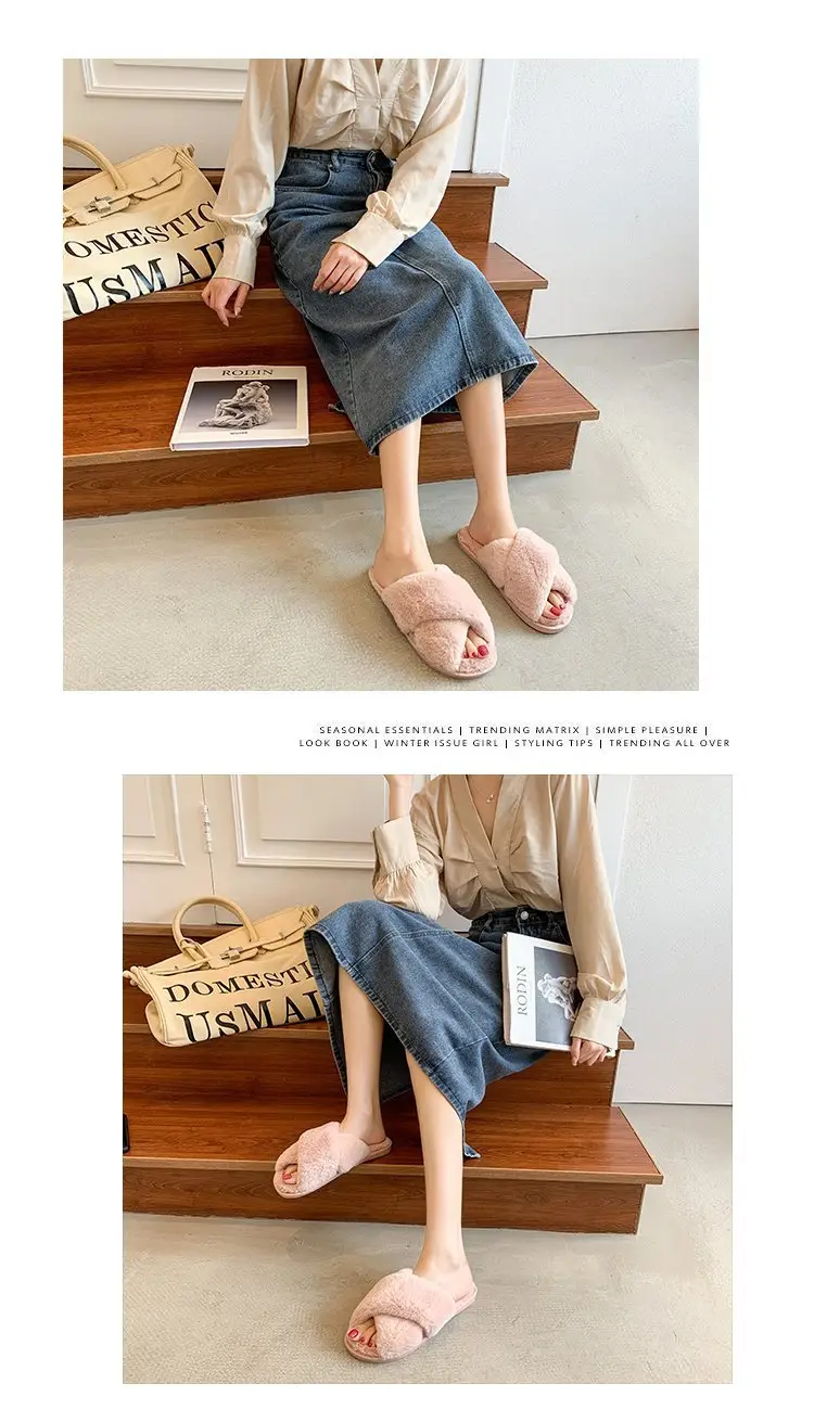 Foreign trade plush cotton slippers for women 2022 autumn and winter New Women's Flat open toe home Cross plush slippers wholesale — feature 4