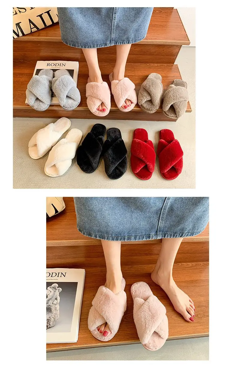 Foreign trade plush cotton slippers for women 2022 autumn and winter New Women's Flat open toe home Cross plush slippers wholesale — feature 5
