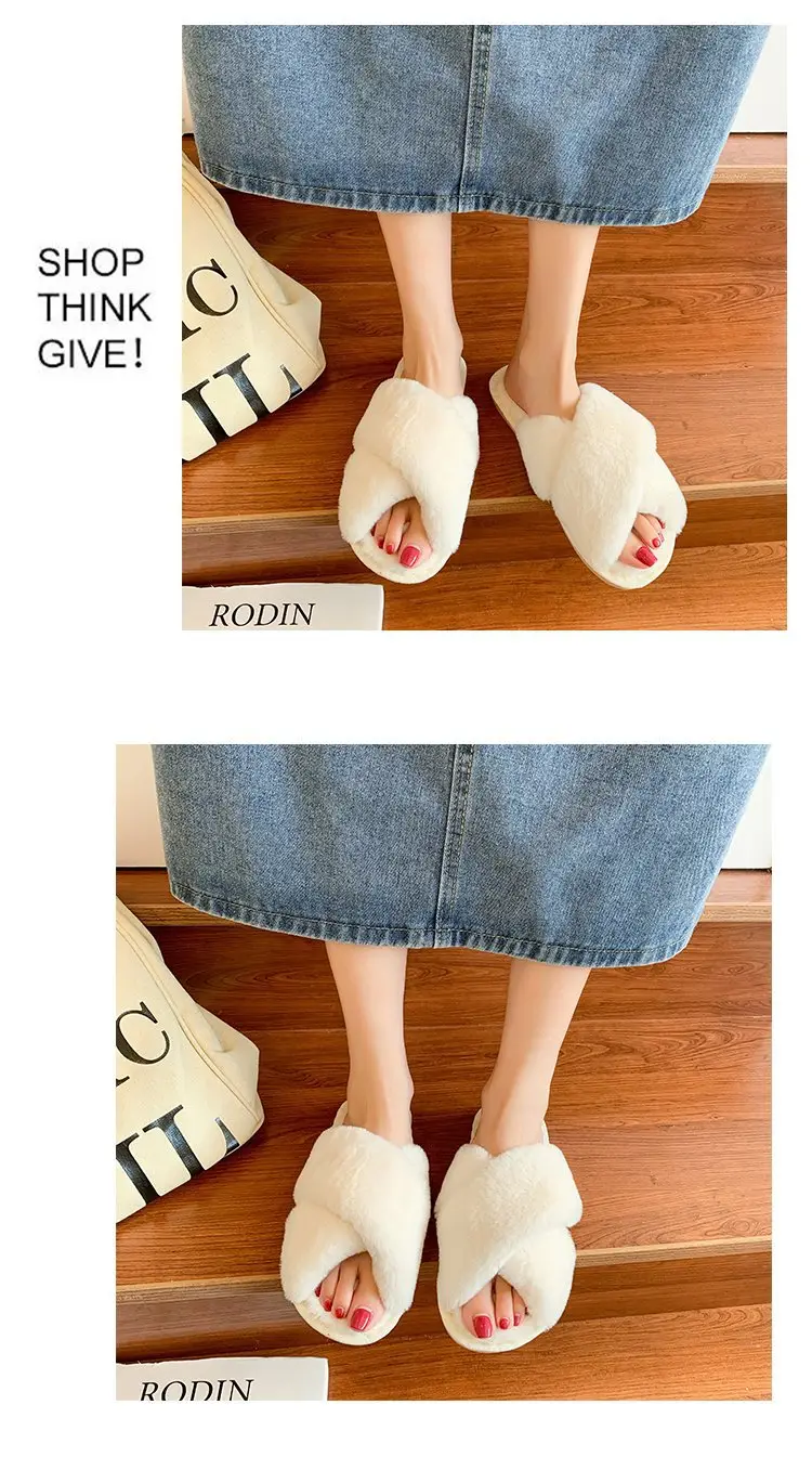 Foreign trade plush cotton slippers for women 2022 autumn and winter New Women's Flat open toe home Cross plush slippers wholesale — feature 6