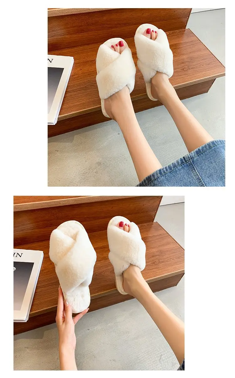 Foreign trade plush cotton slippers for women 2022 autumn and winter New Women's Flat open toe home Cross plush slippers wholesale — feature 7
