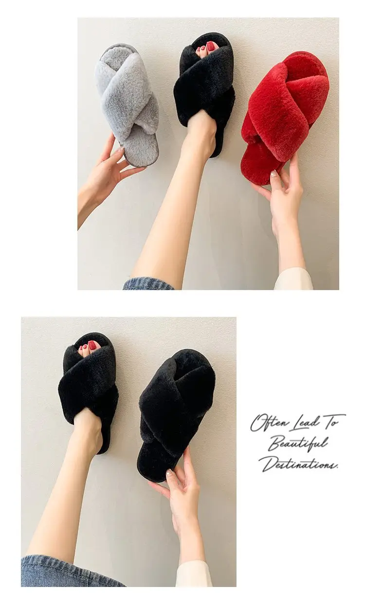 Foreign trade plush cotton slippers for women 2022 autumn and winter New Women's Flat open toe home Cross plush slippers wholesale — feature 8
