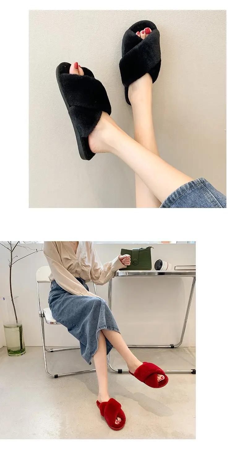 Foreign trade plush cotton slippers for women 2022 autumn and winter New Women's Flat open toe home Cross plush slippers wholesale — feature 9