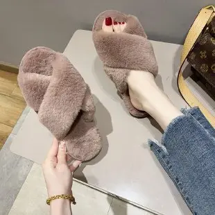 Foreign trade plush cotton slippers for women 2022 autumn and winter New Women's Flat open toe home Cross plush slippers wholesale