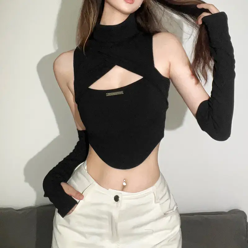 Black Hollow Out Turtleneck Vest with Sleeveless Gloves - Image 3