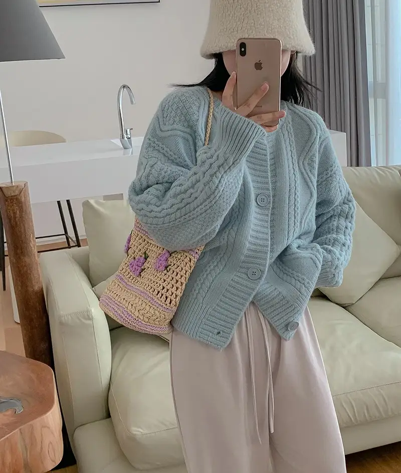 Women's Pink Twist Cardigan Sweater Coat Autumn Winter - Image 2