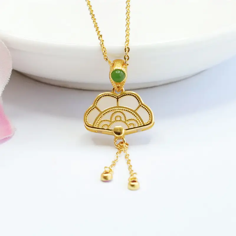 Guan Yu Necklace with Green Jade Pendant White Jade Small Fan — feature 9
