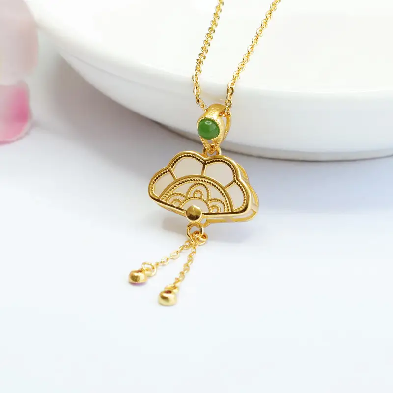 Guan Yu Necklace with Green Jade Pendant White Jade Small Fan — feature 10