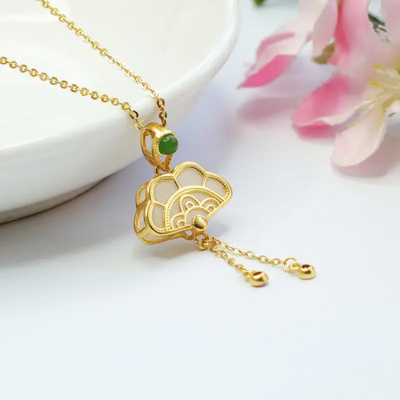 Guan Yu Necklace with Green Jade Pendant White Jade Small Fan — feature 11