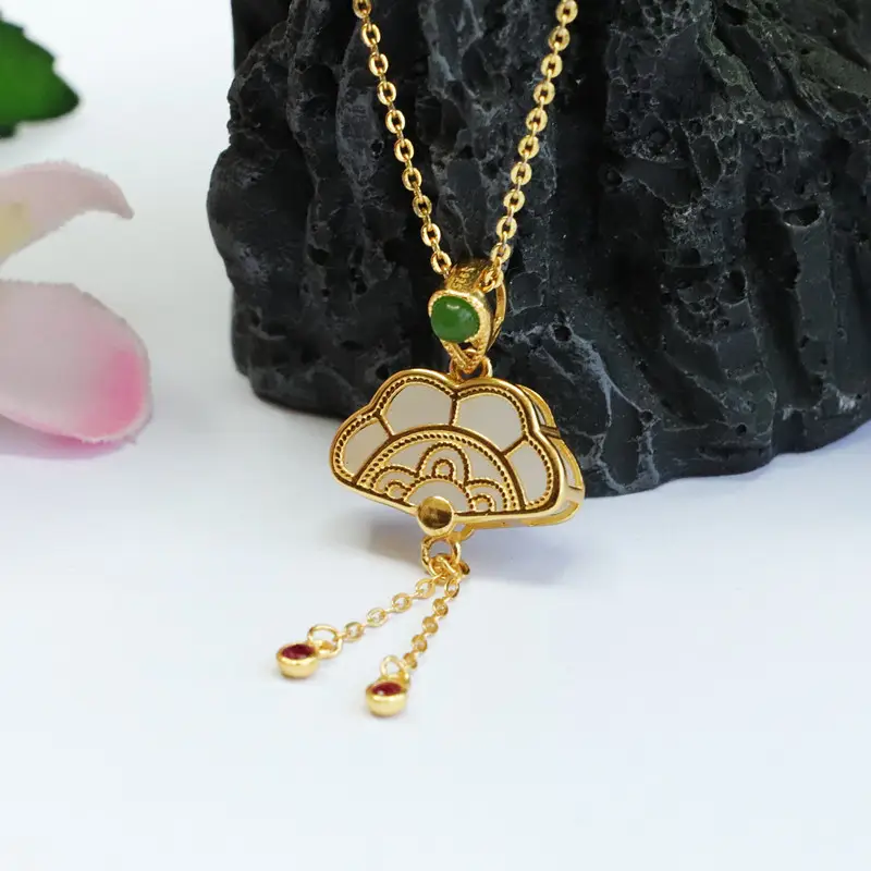 Guan Yu Necklace with Green Jade Pendant White Jade Small Fan - Image 5