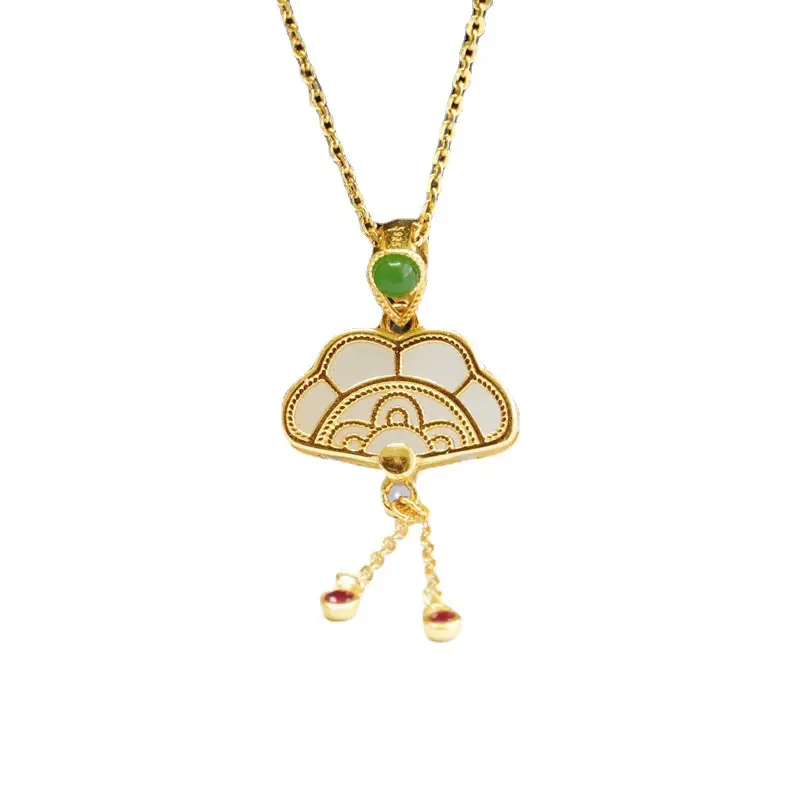 Guan Yu Necklace with Green Jade Pendant White Jade Small Fan - Image 6