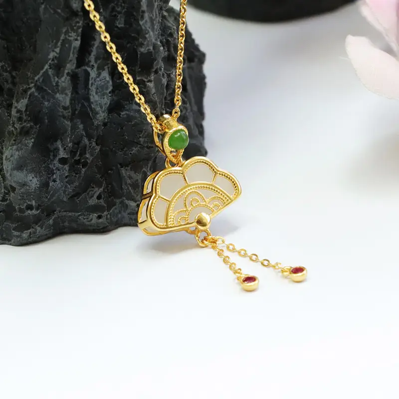 Guan Yu Necklace with Green Jade Pendant White Jade Small Fan — feature 6