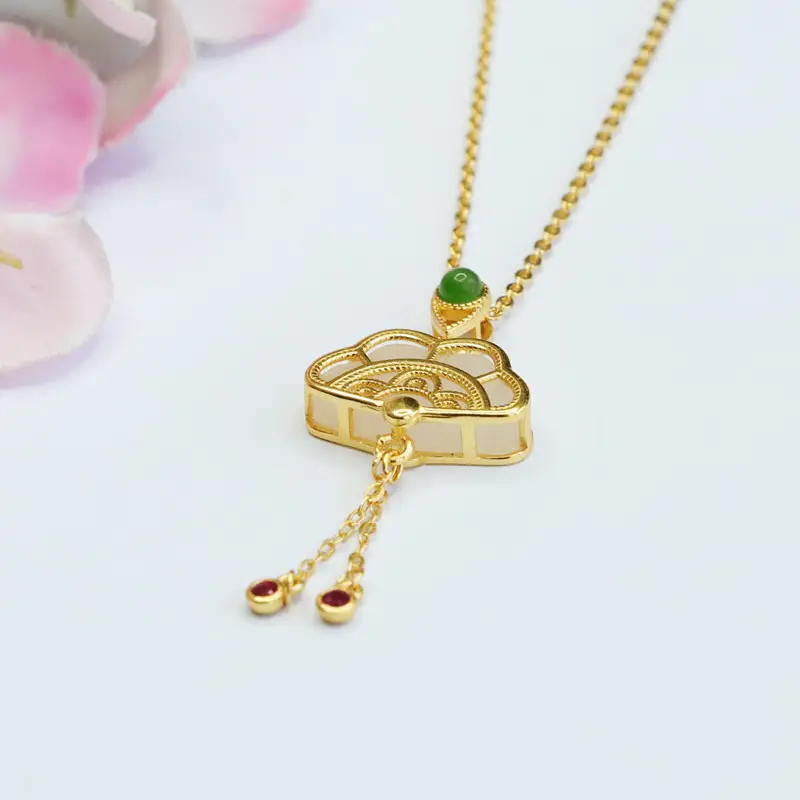 Guan Yu Necklace with Green Jade Pendant White Jade Small Fan — feature 8