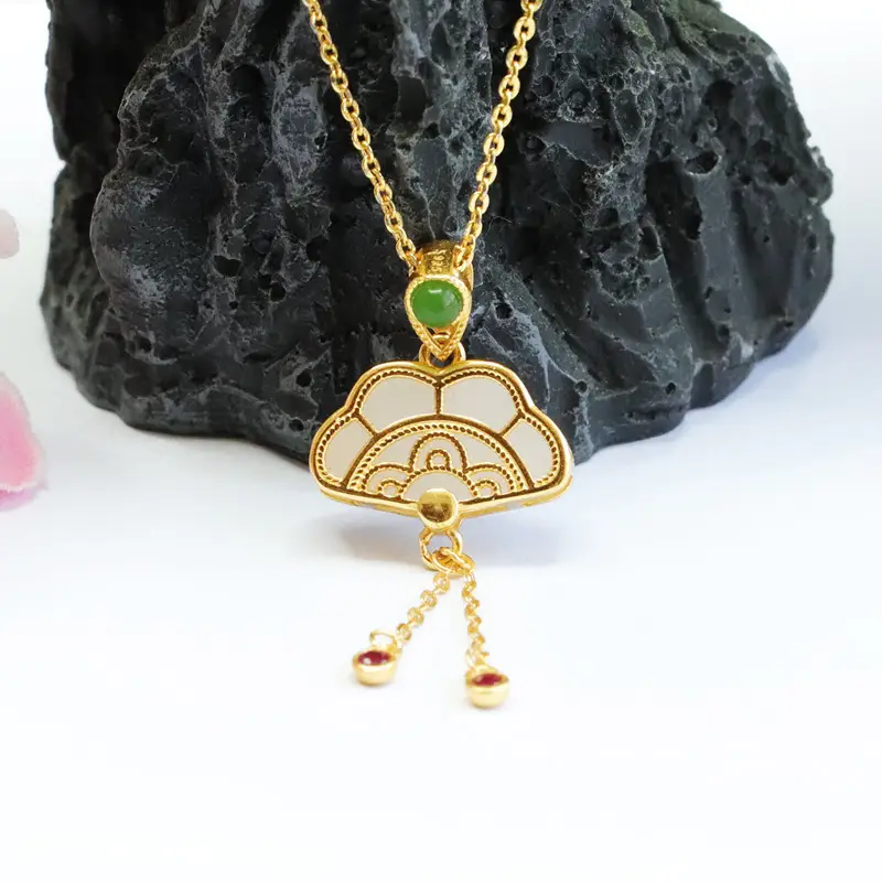 Guan Yu Necklace with Green Jade Pendant White Jade Small Fan — feature 4