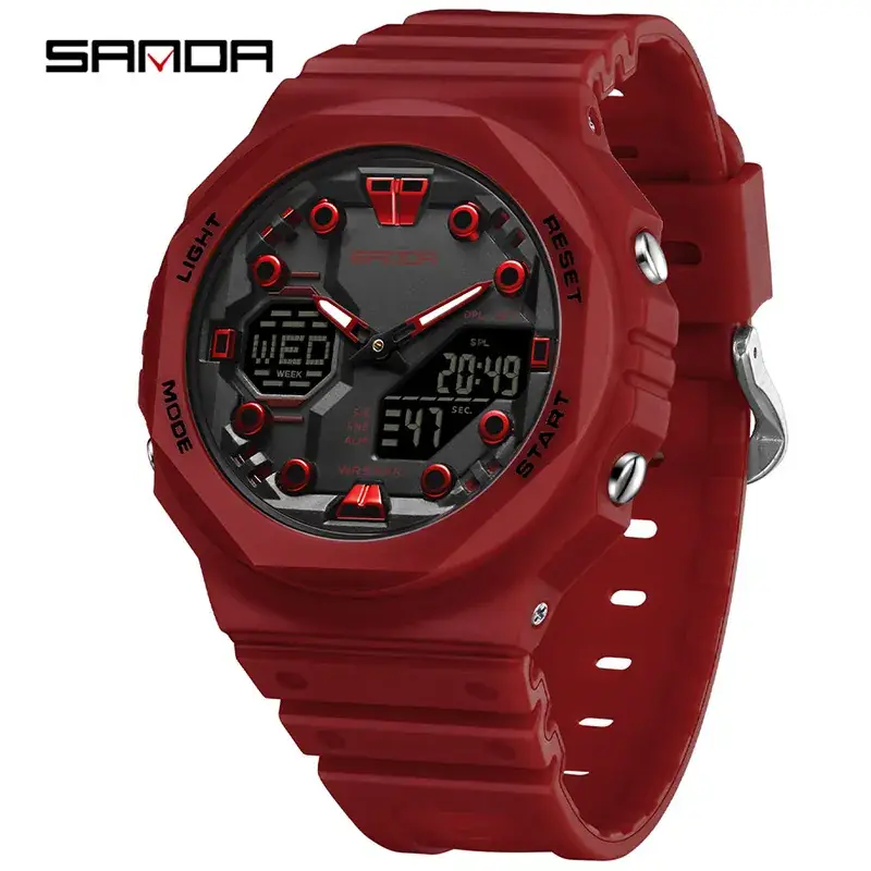 Sanda Red Octagonal Electronic Watch with Digital Display - Image 14