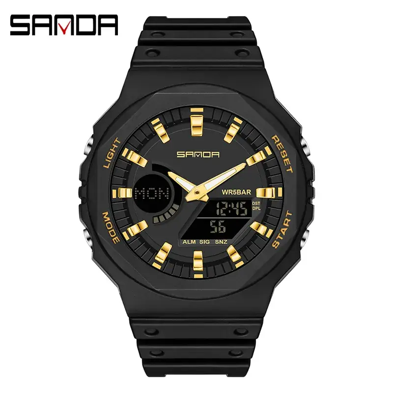 Sanda Red Octagonal Electronic Watch with Digital Display - Image 5