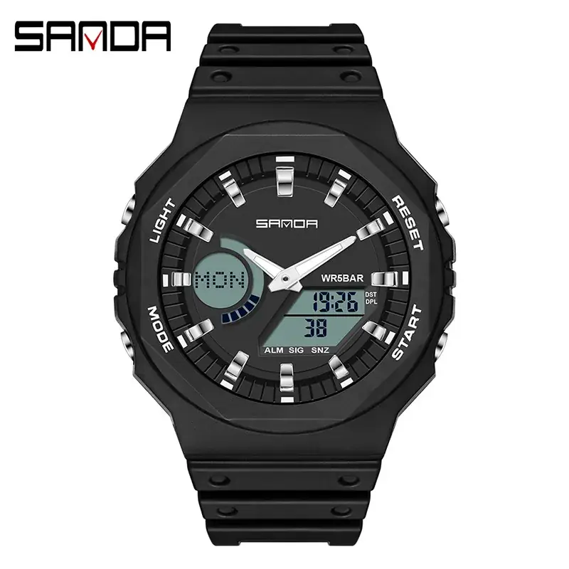 Sanda Red Octagonal Electronic Watch with Digital Display - Image 6