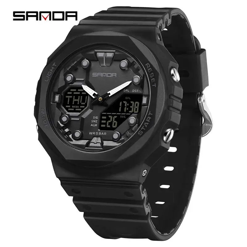 Sanda Red Octagonal Electronic Watch with Digital Display - Image 9