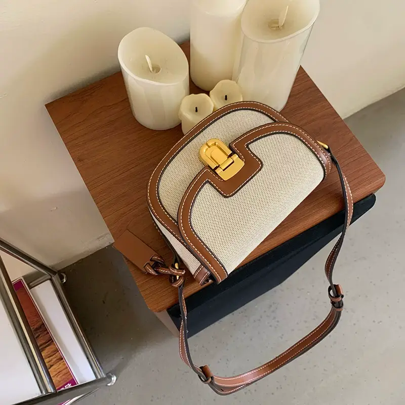 New South Korea Niche Design Leather Patchwork Canvas Saddle Bag — feature 11