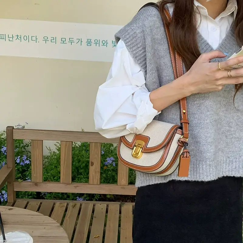 New South Korea Niche Design Leather Patchwork Canvas Saddle Bag — feature 20