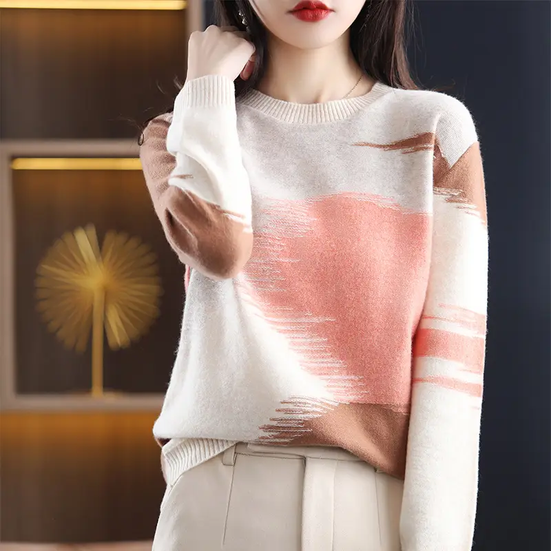 Women's Color Block Round Neck Pullover Sweater