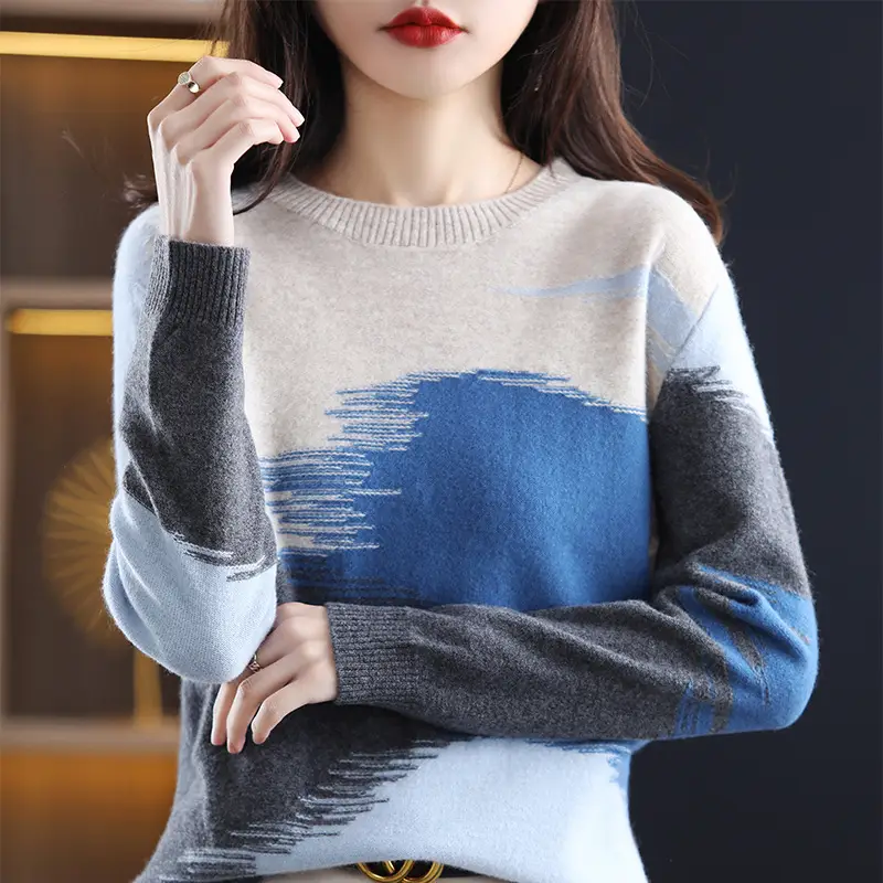 Women's Color Block Round Neck Pullover Sweater