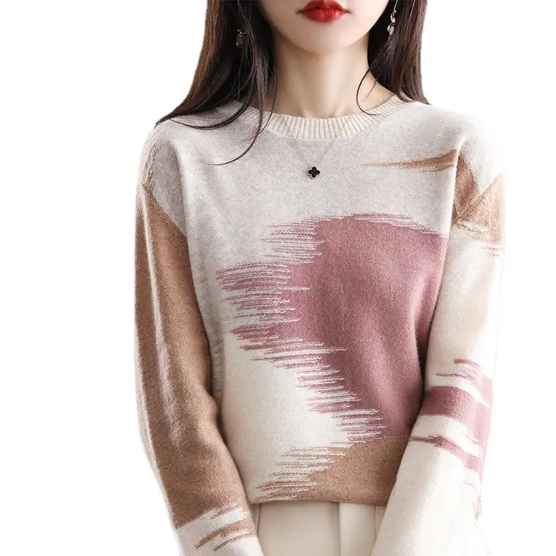 Women's Color Block Round Neck Pullover Sweater