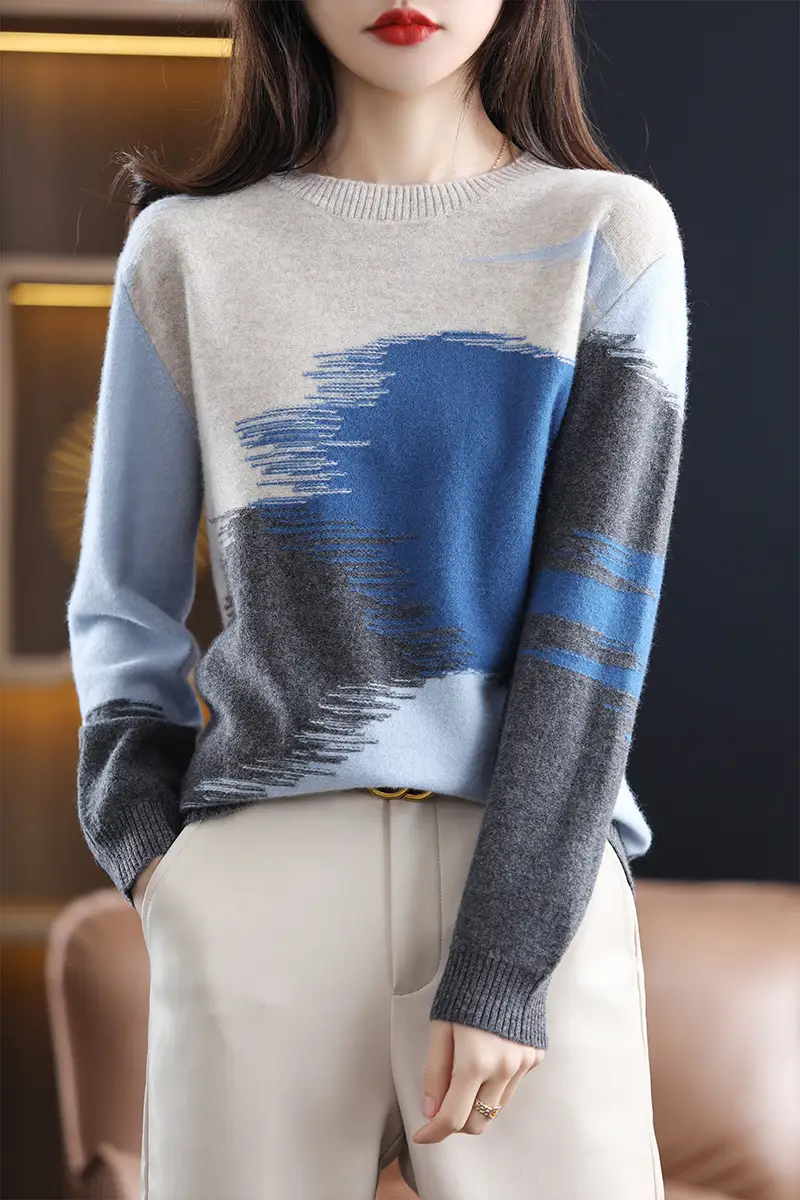 Women's Color Block Round Neck Pullover Sweater — feature 1