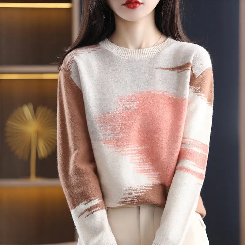 Women's Color Block Round Neck Pullover Sweater