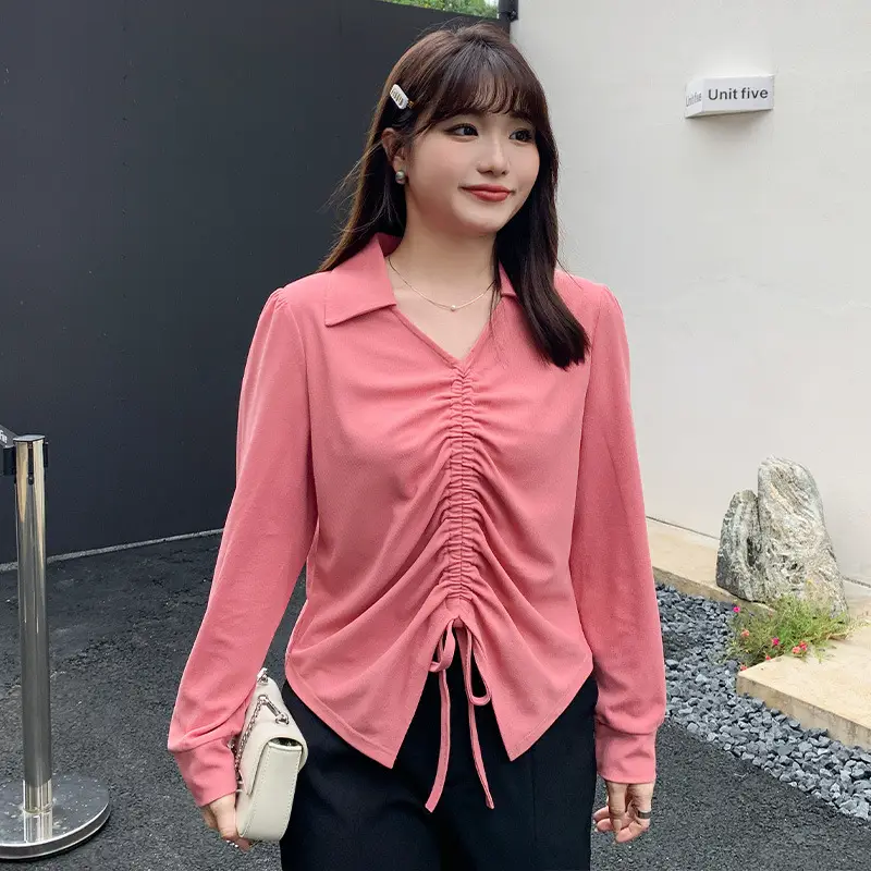 Pink V-Neck Loose Fit Plus Size Shirt - Image 5