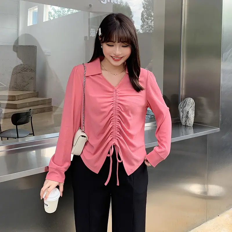 Pink V-Neck Loose Fit Plus Size Shirt - Image 7